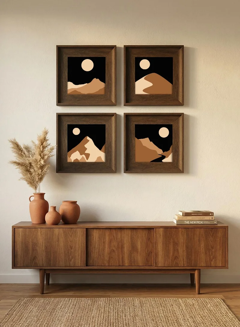 LOWHA Set of 4 Canvas Wall Art Stretched Over Wooden Frame with Vintage Brown Floating Frame and Minimal Desert Design